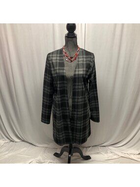 Plaid Open Front Long Sleeve Cardigan Womens Size Small Black Gray Layering NEW
